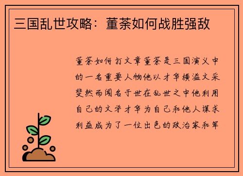 三国乱世攻略：董荼如何战胜强敌